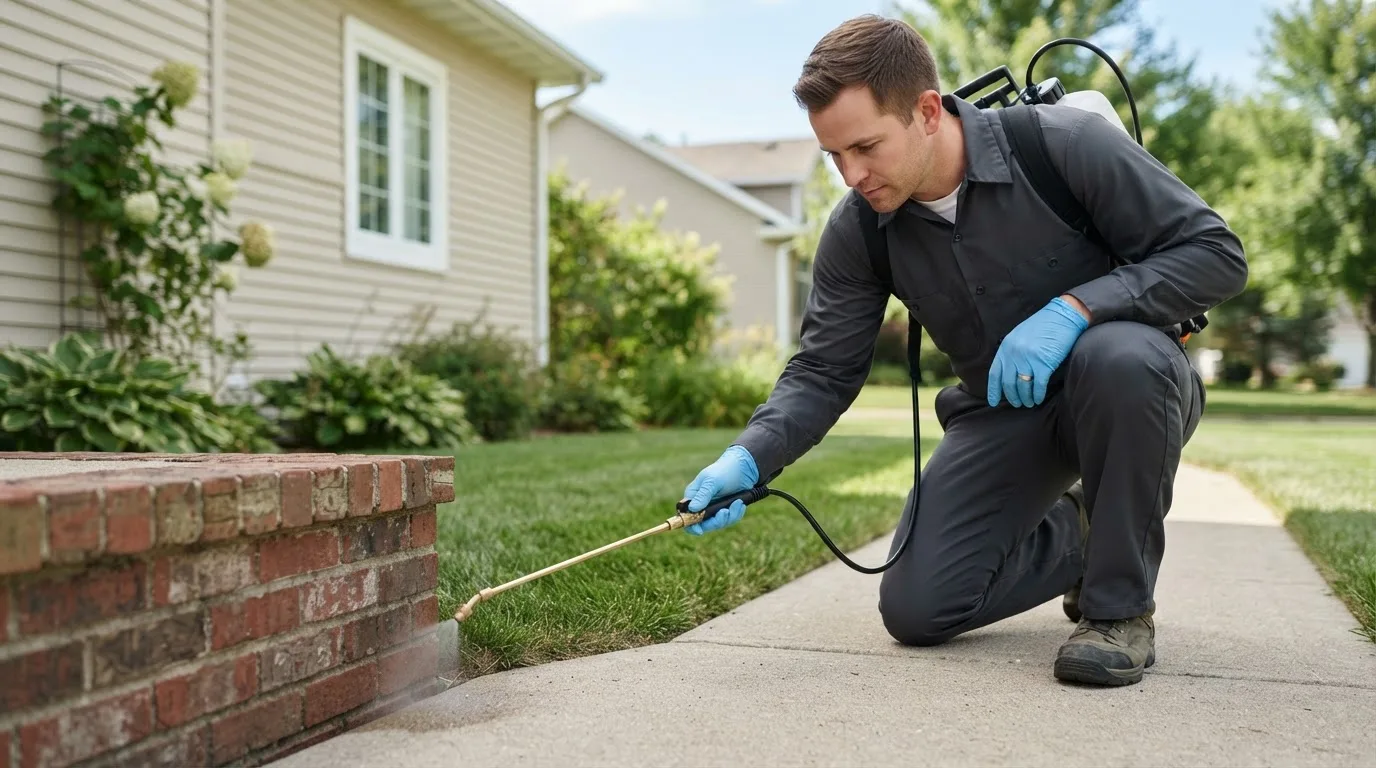 Pest control technician treating a home near Durham, CT